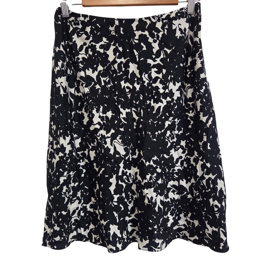 Lauren Ralph‎ Lauren 100% Silk Floral Midi Skirt Black White Size 6 A-Line Lined